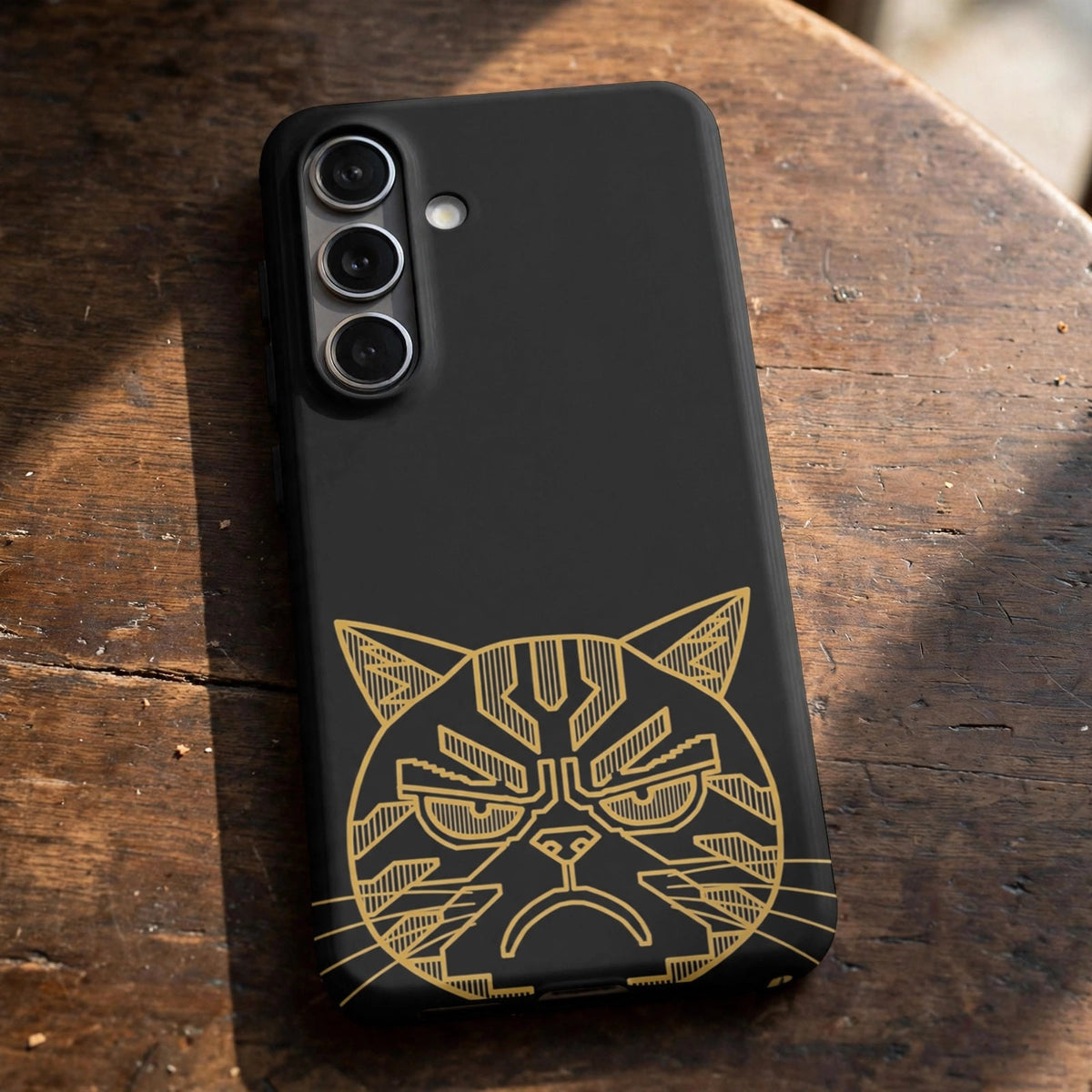 Scowl premium tough phone case with gold cat line art on a café table