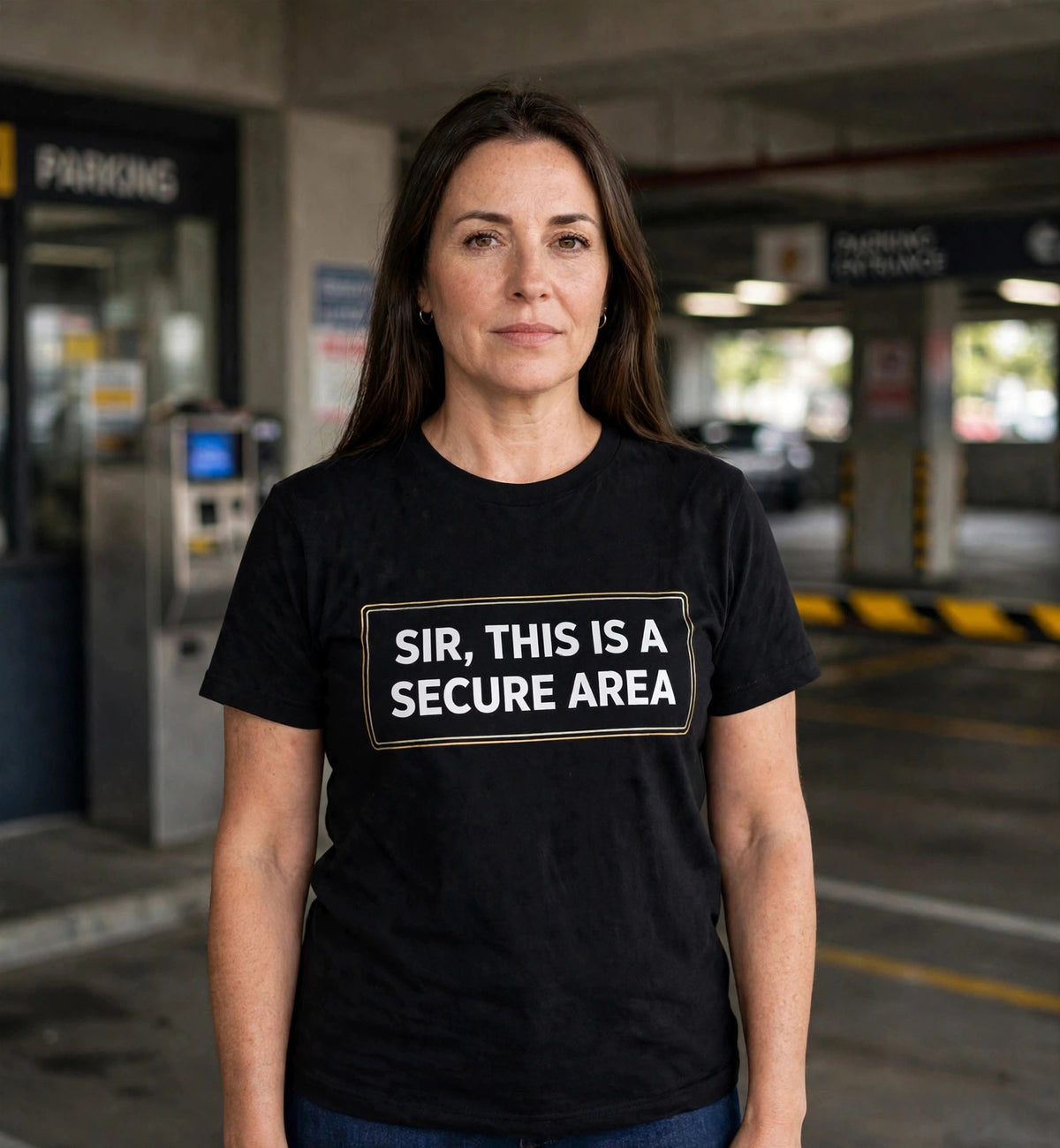 Woman wearing the black Sir This Is A Secure Area t-shirt in a parking garage