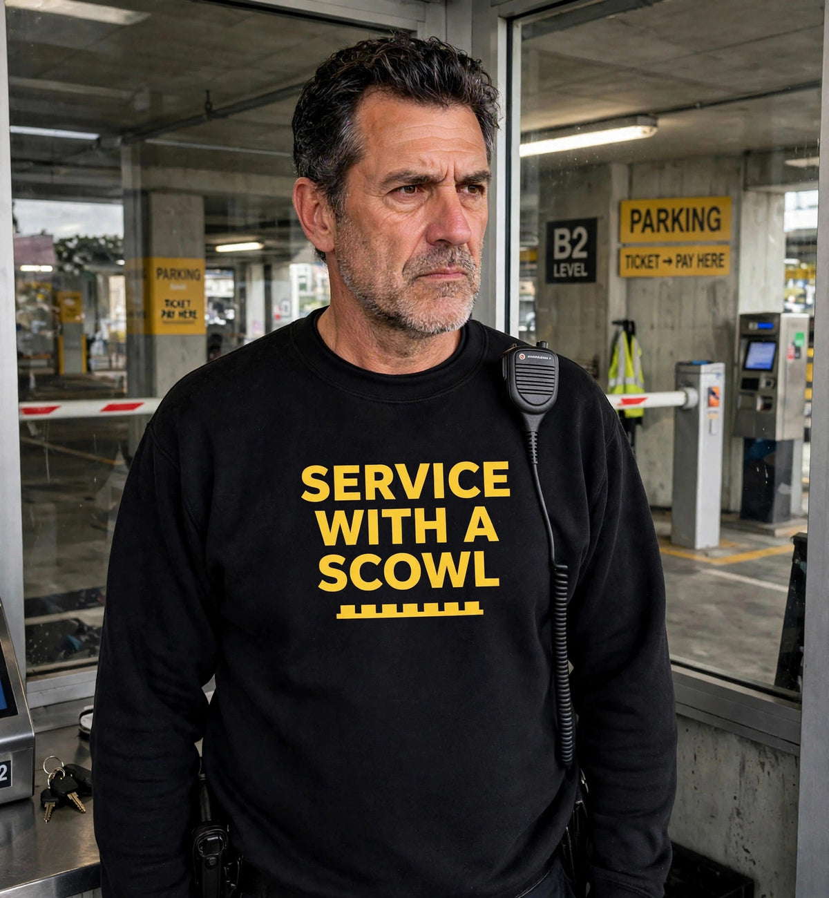 Man modeling the black Service With A Scowl sweatshirt in a parking garage, gold text SERVICE WITH A SCOWL fully visible