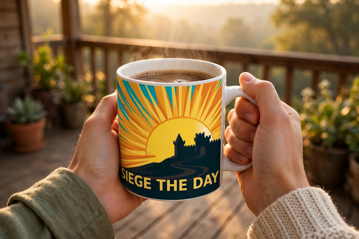 Siege the Day Mug — modeled photo, held in hand