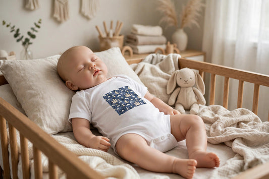 Sleepy Castle infant bodysuit in white with a navy castle, moon and stars print, worn in a nursery crib