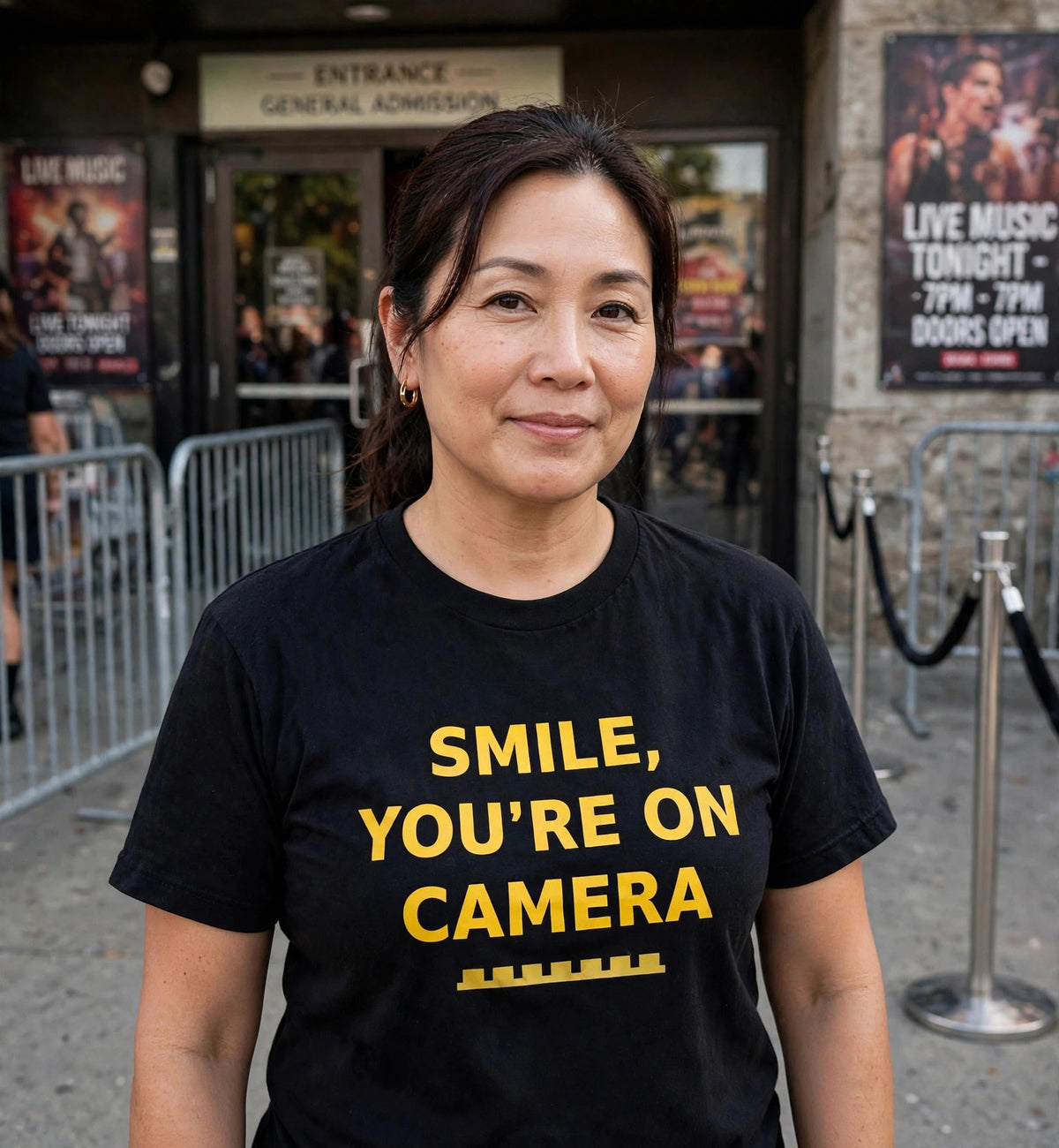 Woman modeling the black Smile On Camera t-shirt at a venue entrance, yellow text SMILE, YOU'RE ON CAMERA fully visible