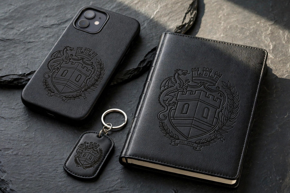 The Sovereign Crest Leather Set One on dark slate seen from a closer angle: black leather phone case, journal and key fob with the embossed crest