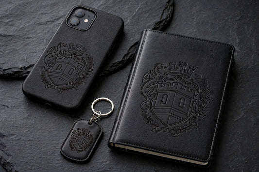 The Sovereign Crest — Leather Set One: engraved leather phone case, engraved journal in Black/Gold and engraved dog tag