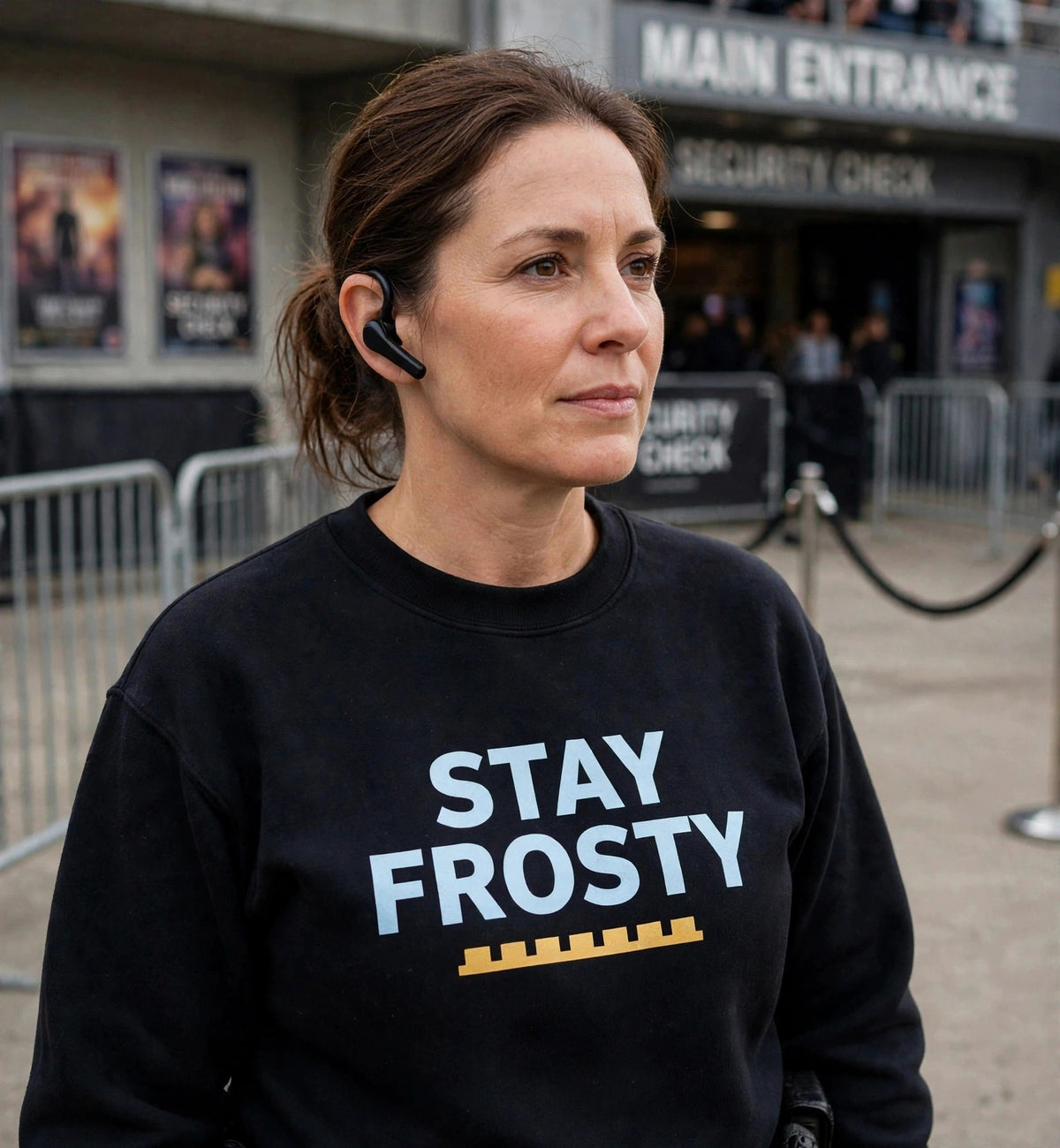 Woman modeling the black Stay Frosty sweatshirt at a venue main entrance, pale blue print STAY FROSTY with gold battlement strip fully visible