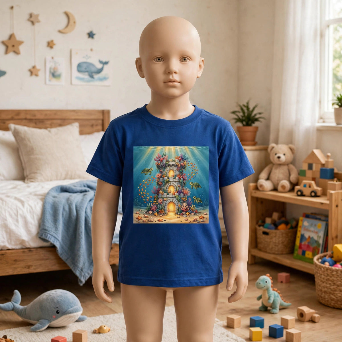 Sunken Fortress kids heavy cotton tee in royal blue with an underwater castle reef print, worn by a child mannequin in a child's bedroom