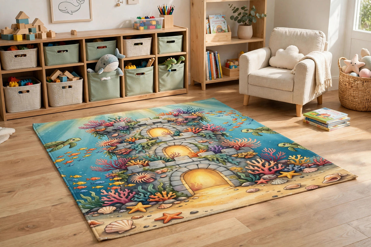The Sunken Fortress rug laid flat in a bright kids playroom with toy storage and a reading chair