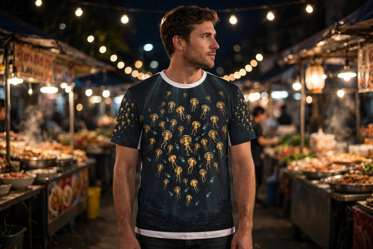 The Deep Lanterns — All-Over Print Tee — modeled in an evening night market, glowing golden jellyfish print fully visible with no strap