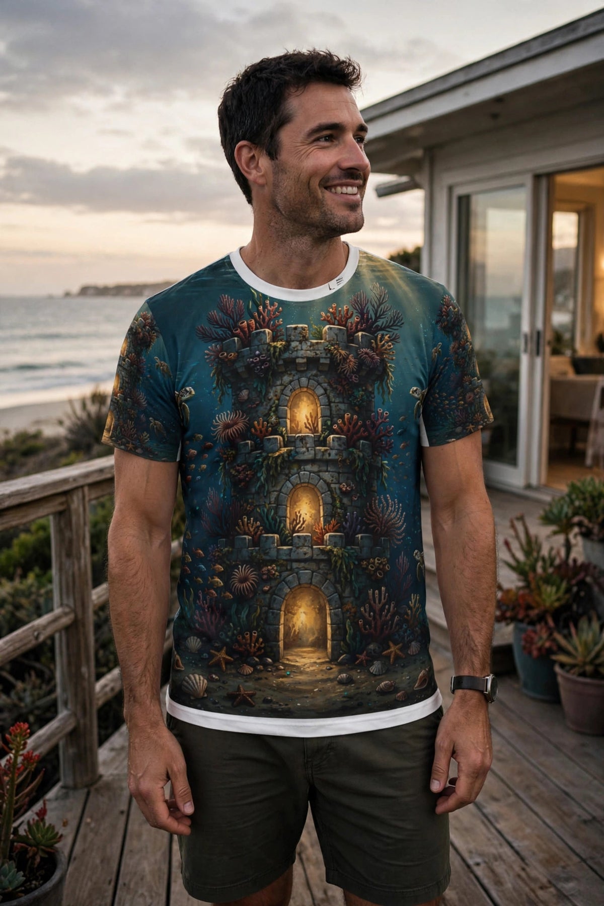 The Fortress Reef — All-Over Print Tee — lifestyle photo