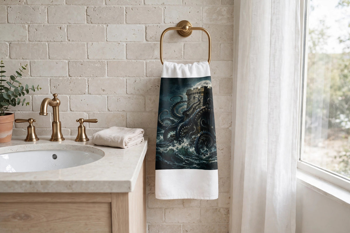 The Kraken's Embrace hand towel hanging on a brass towel ring beside a sink in a bright bathroom