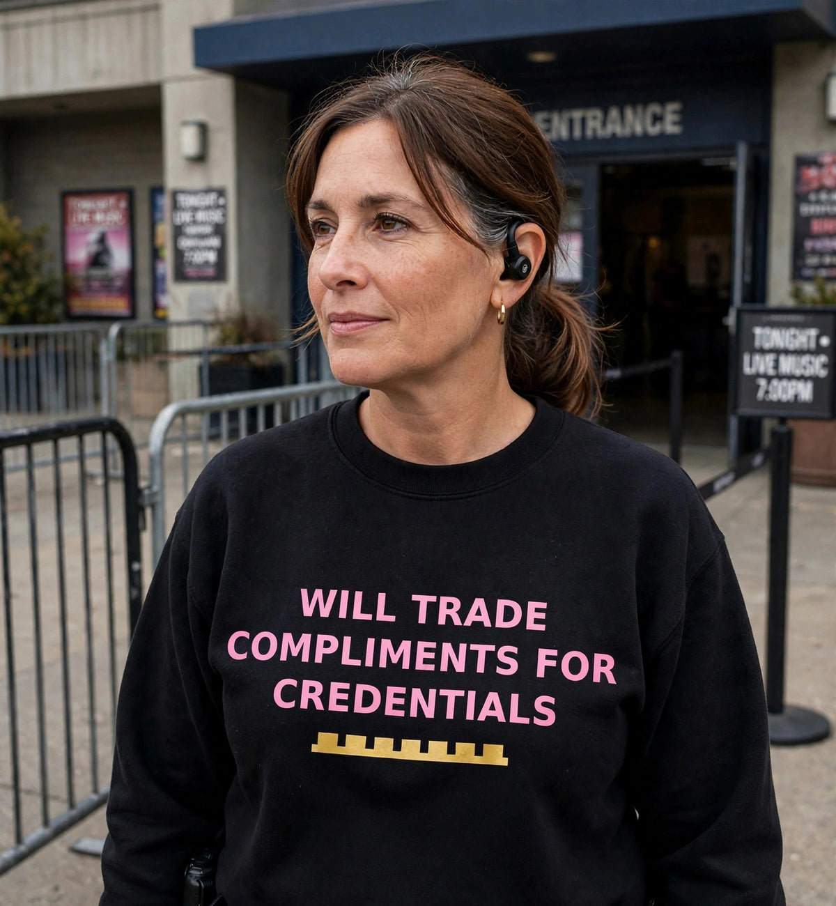 Woman modeling the black Trade Compliments sweatshirt at a venue entrance, pink print WILL TRADE COMPLIMENTS FOR CREDENTIALS with gold battlement strip fully visible