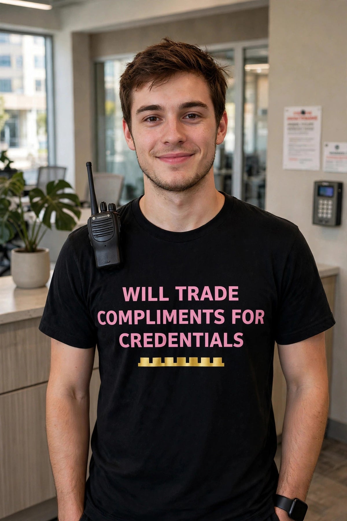 Man modeling the black Trade Compliments t-shirt in an office lobby, pink text WILL TRADE COMPLIMENTS FOR CREDENTIALS fully visible