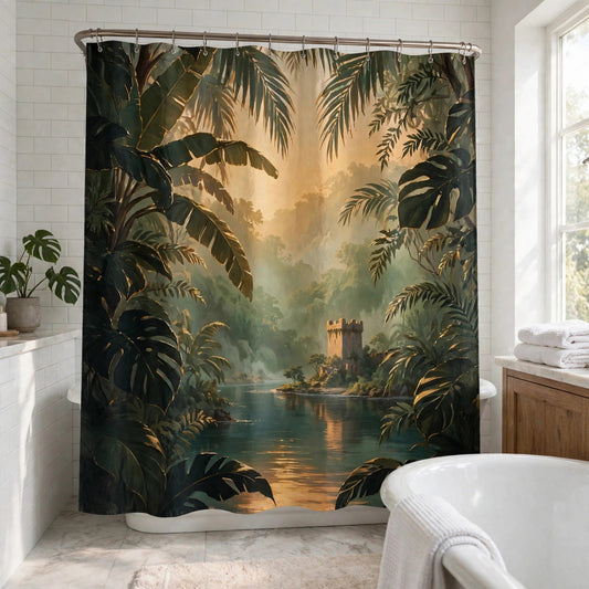 The Tropical Tile shower curtain with palm leaves and a lagoon tower hanging in a bright tiled bathroom beside a freestanding tub
