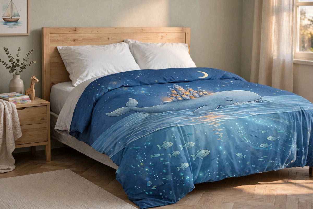 Whale's Lullaby duvet cover with whale and castle artwork draped over a bed, close view
