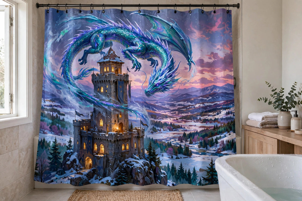 Winter 2026 — Shower Curtain (Frost Dragon) — lifestyle photo
