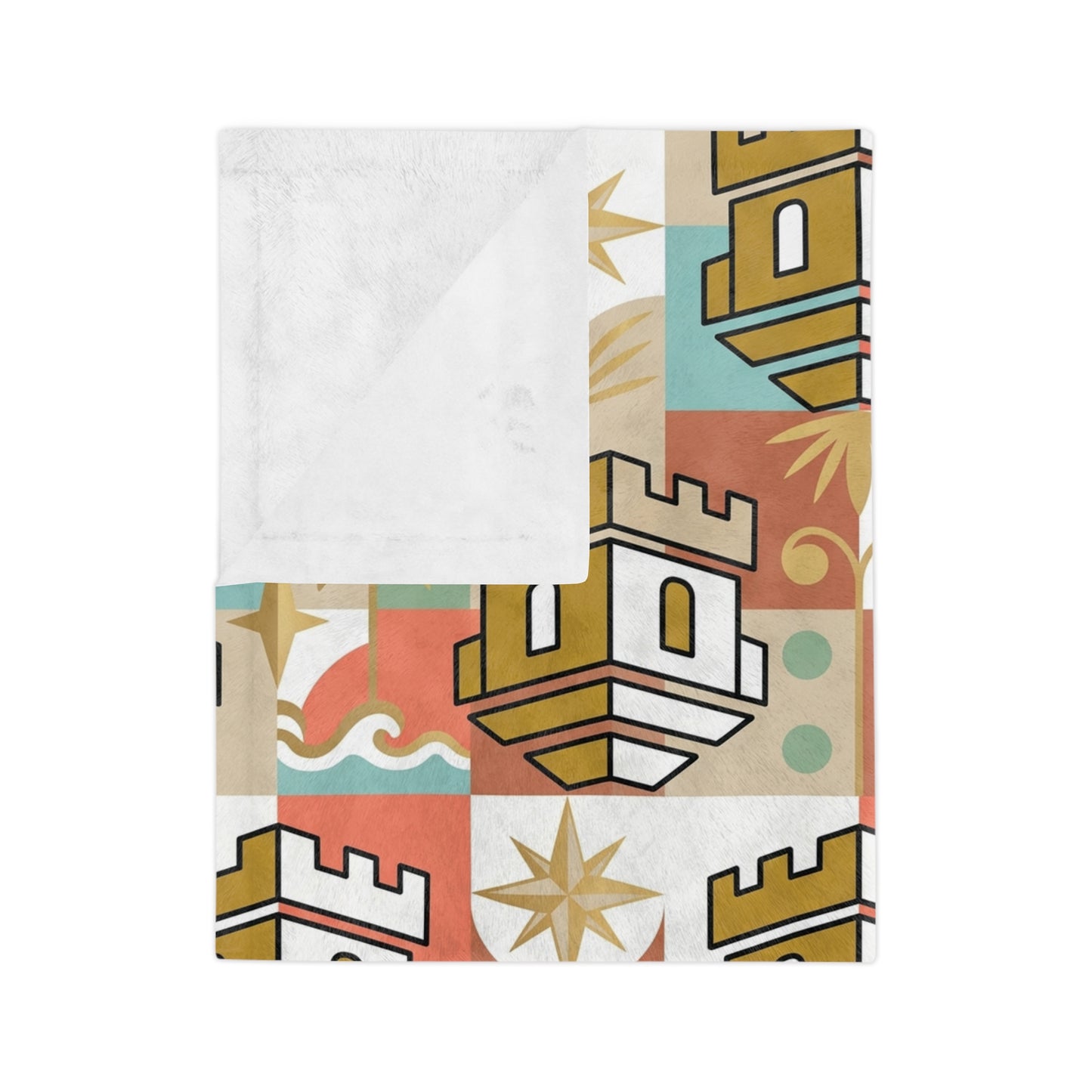 Castle Pattern Velveteen Throw Blanket — Retro Tropical Geometric Microfiber Blanket