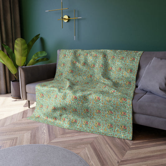 Crushed Velvet Blanket — Vintage Floral Emerald Throw for Cozy Boho Decor