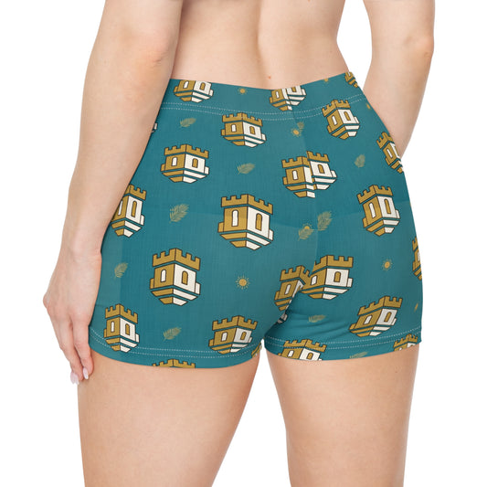 Blockhouse Castle Pattern Women's Shorts — Light Blue Graphic AOP Lounge Shorts