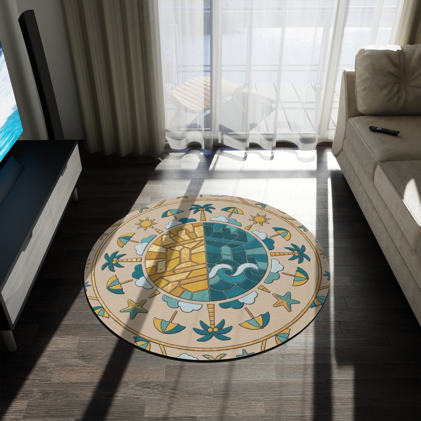 Limited Edition Coastal Sun & Sea Round Rug — Beach Mandala Floor Mat