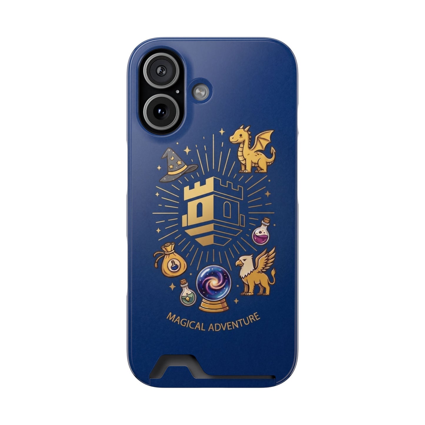 Magical Adventure Phone Case with Card Holder with Blockhouse Blue Fantasy Dragon & Potion Design
