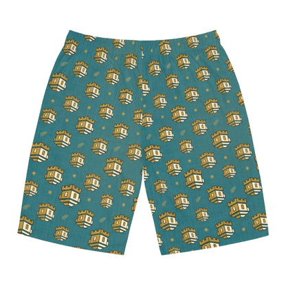 Blockhouse Gold Castle Print Board Shorts with Teal All-Over Swim Trunks