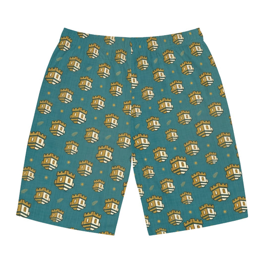 Blockhouse Gold Castle Print Board Shorts with Teal All-Over Swim Trunks