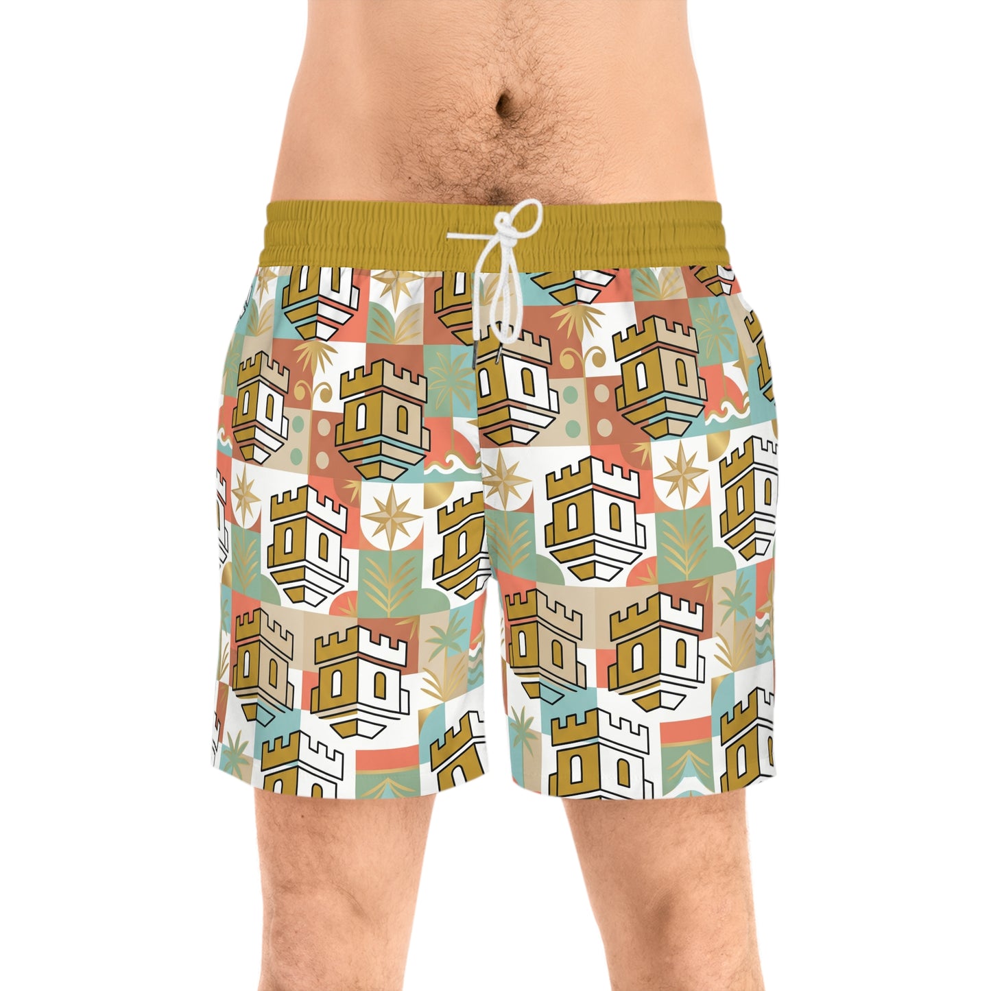 Retro Coastal Blockhouse Pattern Swim Shorts – Men's Mid-Length Beach Trunks