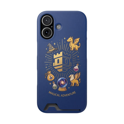 Magical Adventure Phone Case with Card Holder with Blockhouse Blue Fantasy Dragon & Potion Design