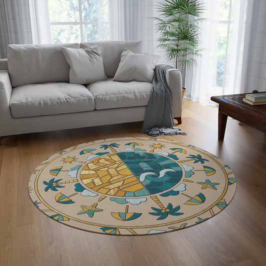 Limited Edition Coastal Sun & Sea Round Rug — Beach Mandala Floor Mat