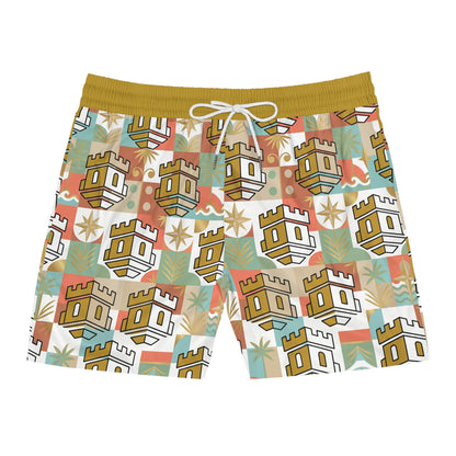 Retro Coastal Blockhouse Pattern Swim Shorts – Men's Mid-Length Beach Trunks