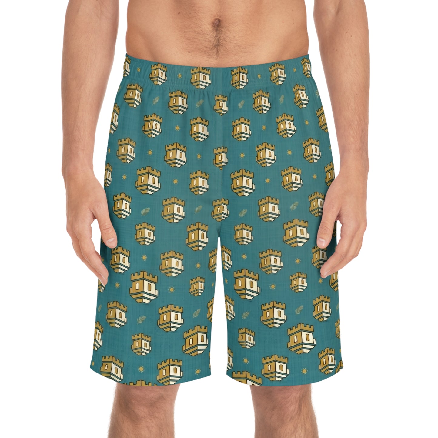 Blockhouse Gold Castle Print Board Shorts with Teal All-Over Swim Trunks