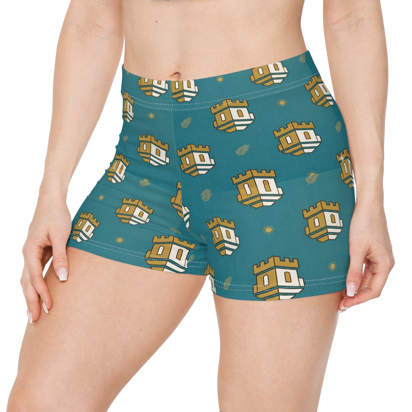 Blockhouse Castle Pattern Women's Shorts — Light Blue Graphic AOP Lounge Shorts