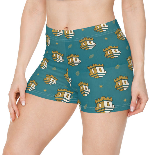 Blockhouse Castle Pattern Women's Shorts — Light Blue Graphic AOP Lounge Shorts