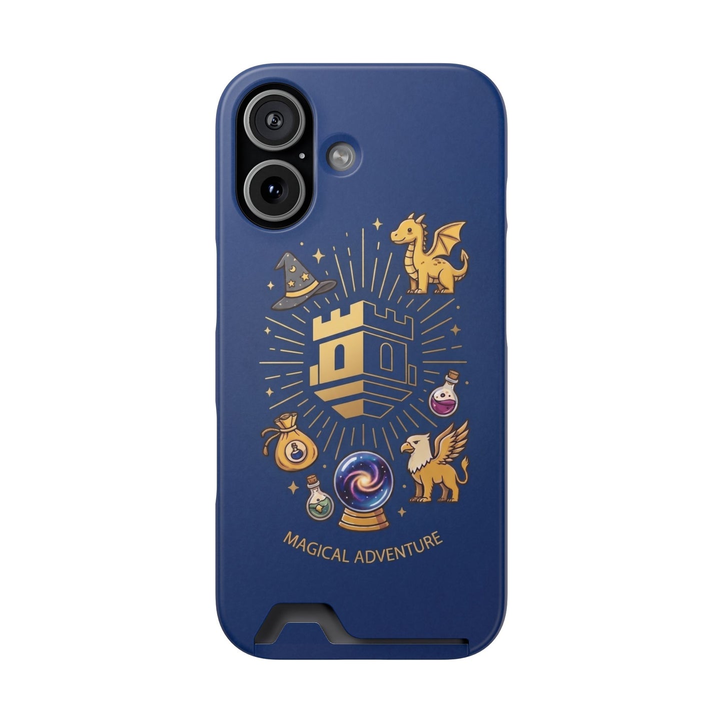 Magical Adventure Phone Case with Card Holder with Blockhouse Blue Fantasy Dragon & Potion Design