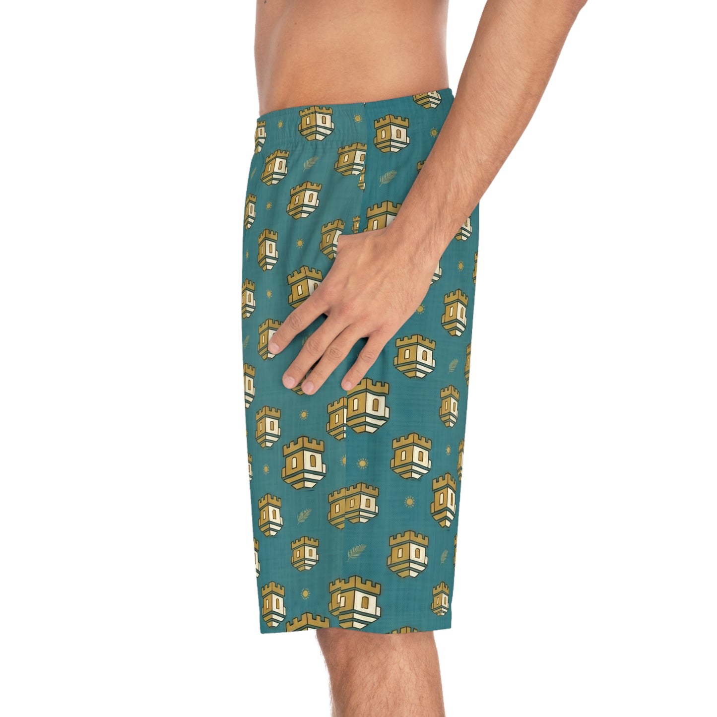 Blockhouse Gold Castle Print Board Shorts with Teal All-Over Swim Trunks
