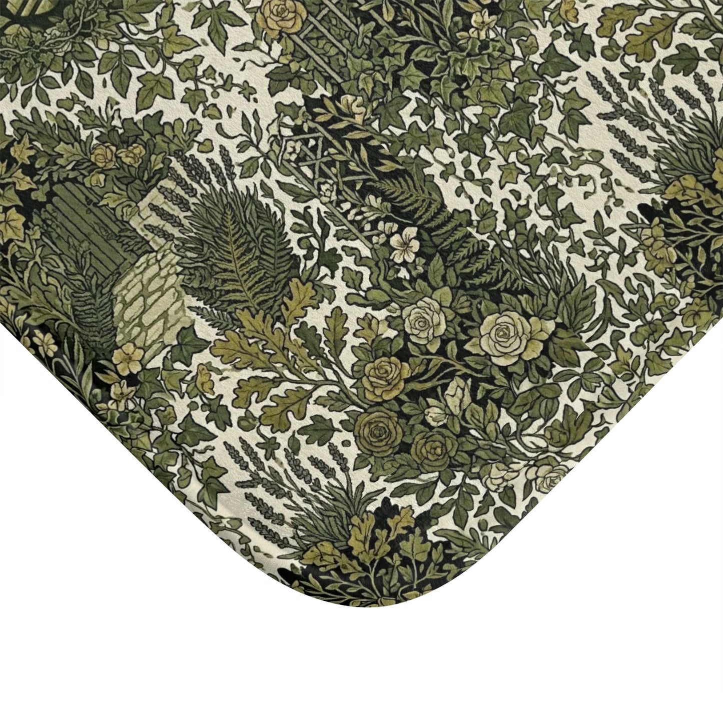 Vintage Botanical Bath Mat with Blockhouse Green Floral Garden Pattern