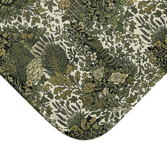 Vintage Botanical Bath Mat with Blockhouse Green Floral Garden Pattern