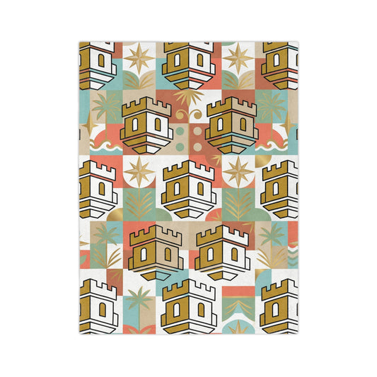Castle Pattern Velveteen Throw Blanket — Retro Tropical Geometric Microfiber Blanket
