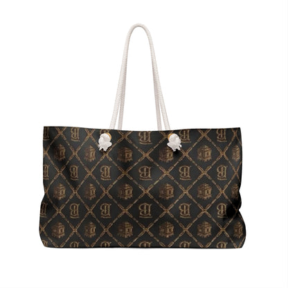 Limited Edition Monogram Luxe Weekender Bag with Gold Blockhouse Castle Patterned Travel Tote
