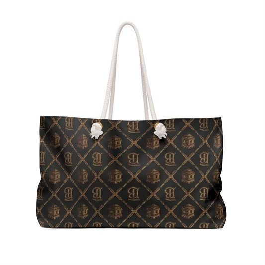 Limited Edition Monogram Luxe Weekender Bag with Gold Blockhouse Castle Patterned Travel Tote