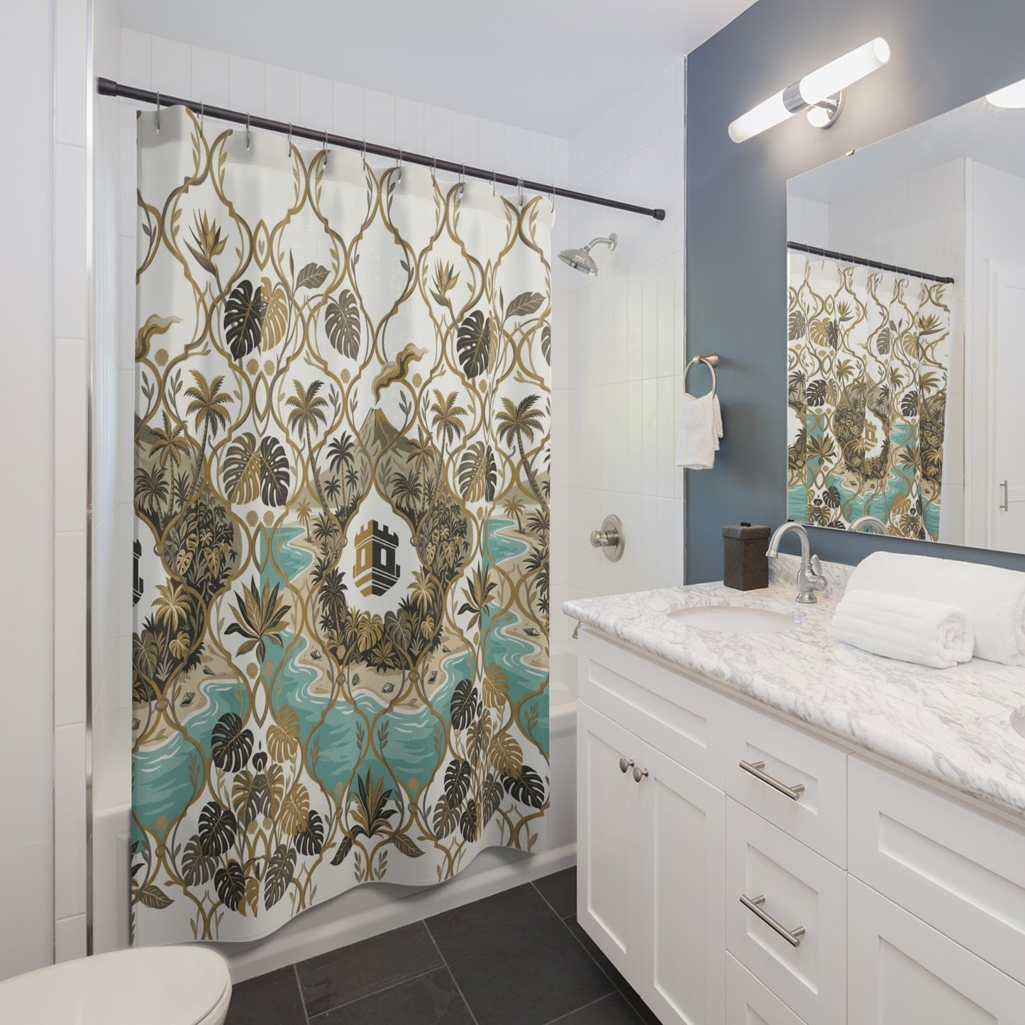 Tropical Tile Shower Curtain with Palm, Monstera & Island Blockhouse Pattern