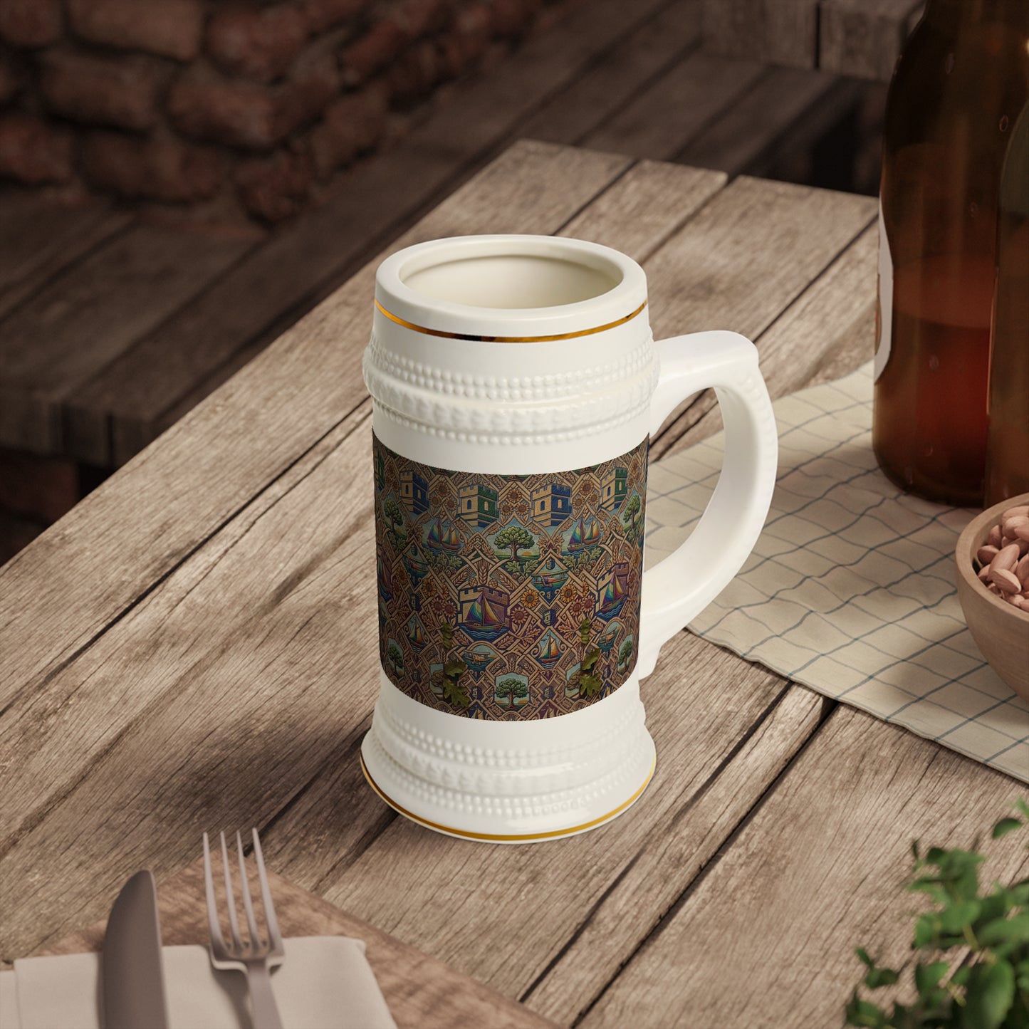 Limited Edition Heritage Village Beer Stein with Blockhouse Vintage Cottage Pattern Ceramic Mug
