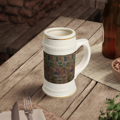 Limited Edition Heritage Village Beer Stein with Blockhouse Vintage Cottage Pattern Ceramic Mug