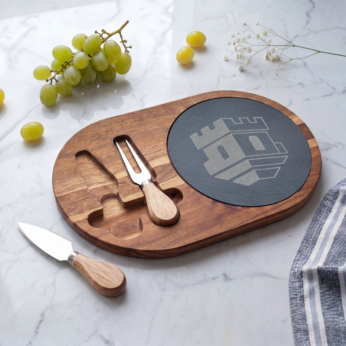 Engraved Blockhouse Charcuterie Board with Slate Insert & Cheese Knives