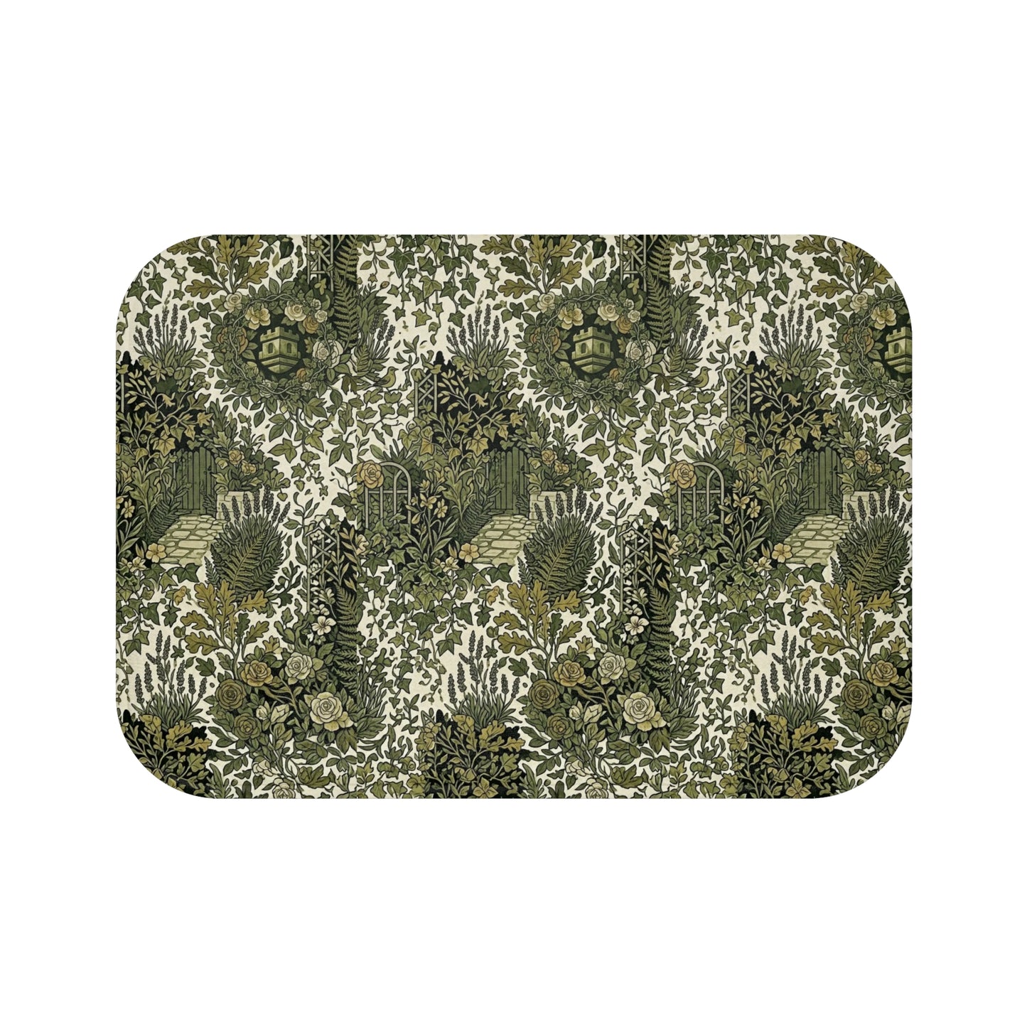 Vintage Botanical Bath Mat with Blockhouse Green Floral Garden Pattern
