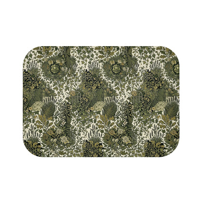 Vintage Botanical Bath Mat with Blockhouse Green Floral Garden Pattern
