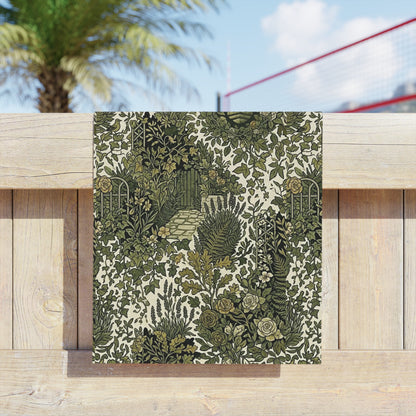 Tropical Foliage Beach Towel with Olive Green Botanical Garden Print