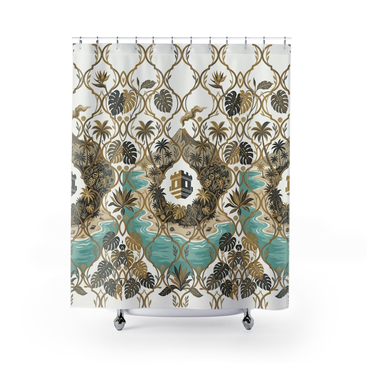 Tropical Tile Shower Curtain with Palm, Monstera & Island Blockhouse Pattern