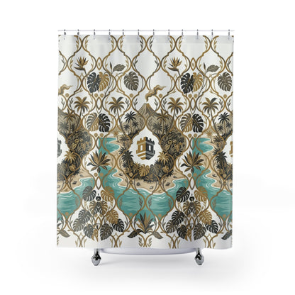 Tropical Tile Shower Curtain with Palm, Monstera & Island Blockhouse Pattern