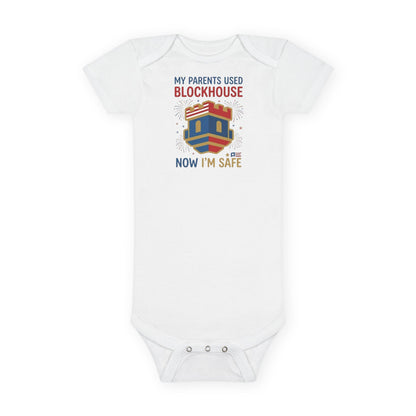 Baby Bodysuit - "My Parents Used Blockhouse Now I'm Safe" Cute Newborn Onesie, Playful Baby Shower Gift